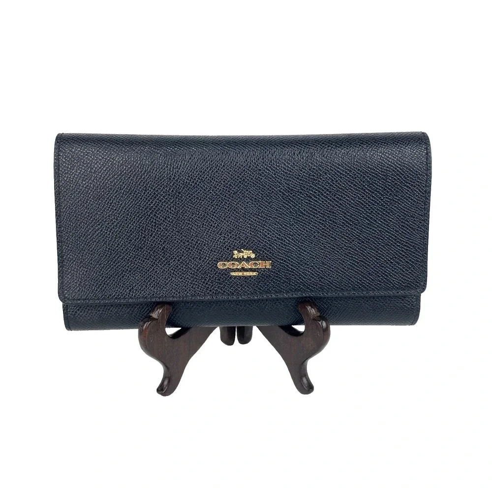 New Coach Leather Trifold Wallet Black Clutch Coin Pocket Purse